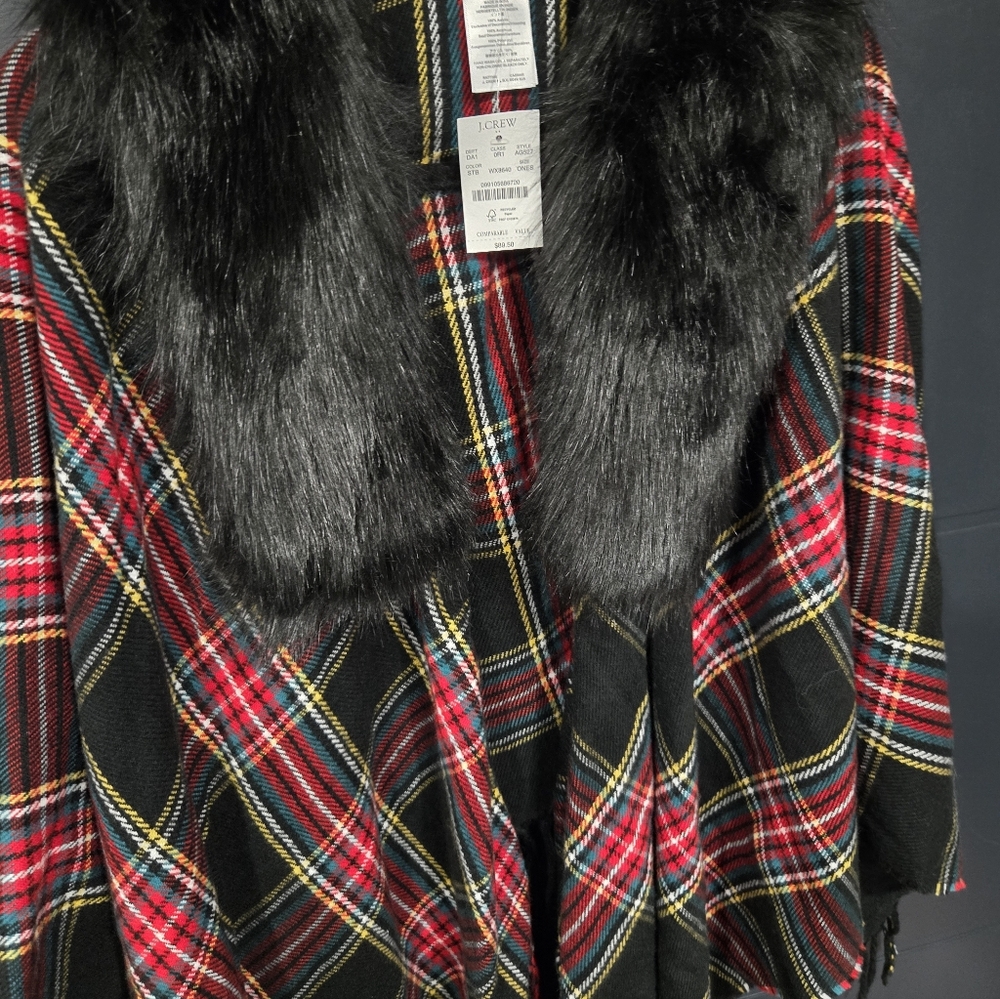 Plaid Fringe Poncho w Faux Fur J Crew Nwt One Size Trendy Poncho - Picture 3 of 5